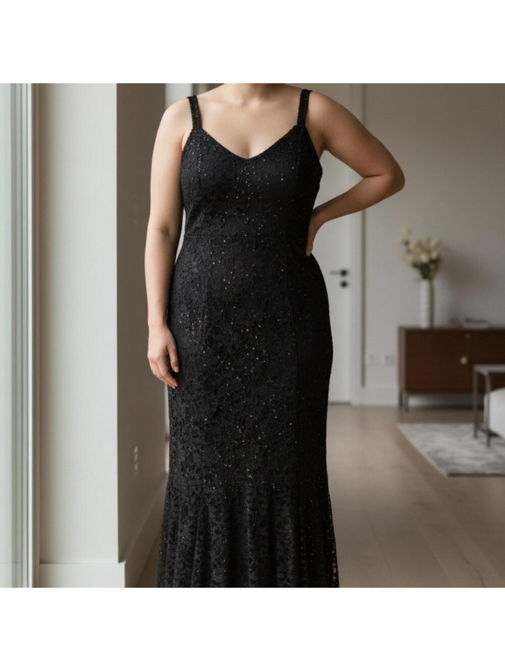 R&M Richards Woman Black Sequin Lace Mermaid Gown 14W